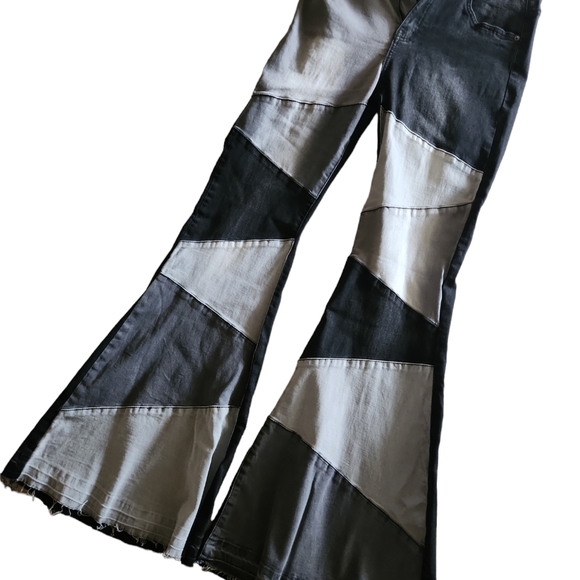 Fashion Nova Denim - Fashion Nova, 0357, women's black and gray patchwork Bell bottom jeans, Size 11.